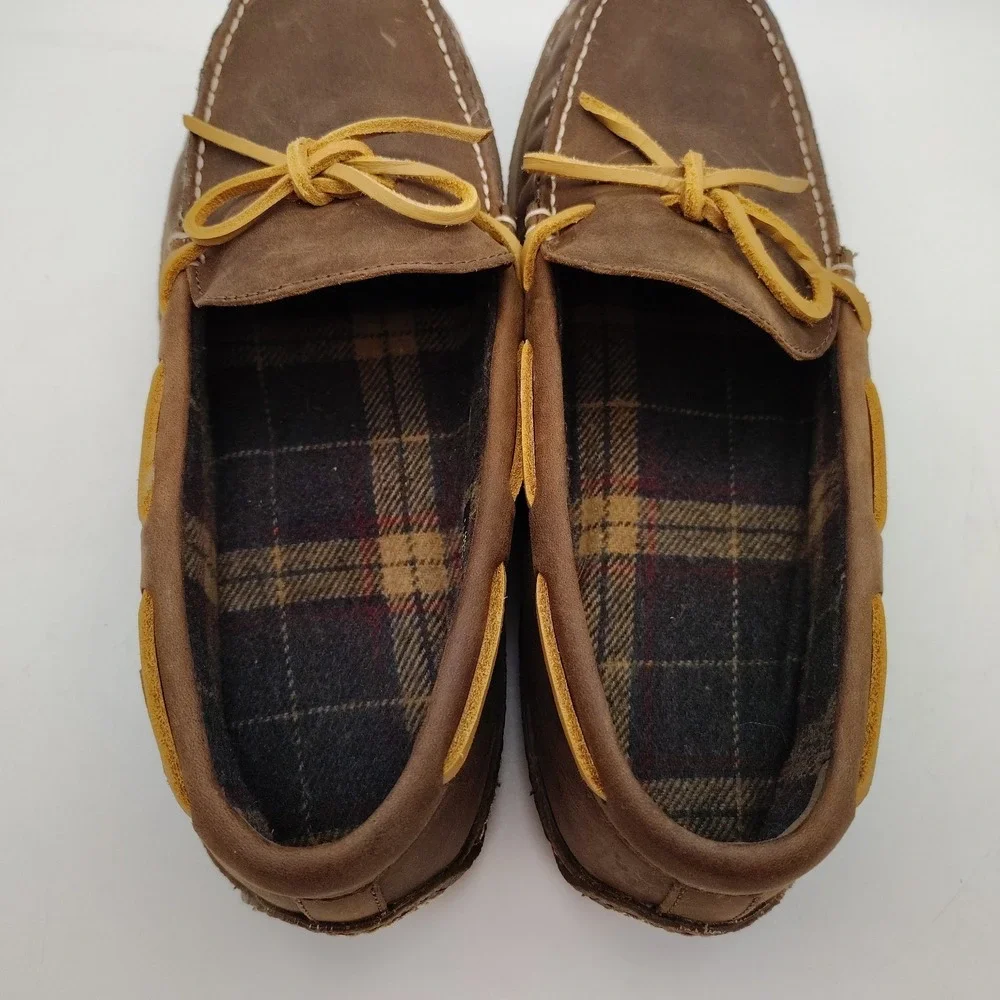 LL Bean Handsewn Moccasin Slippers Mens 11M Leather Brown Flannel Lined 212164